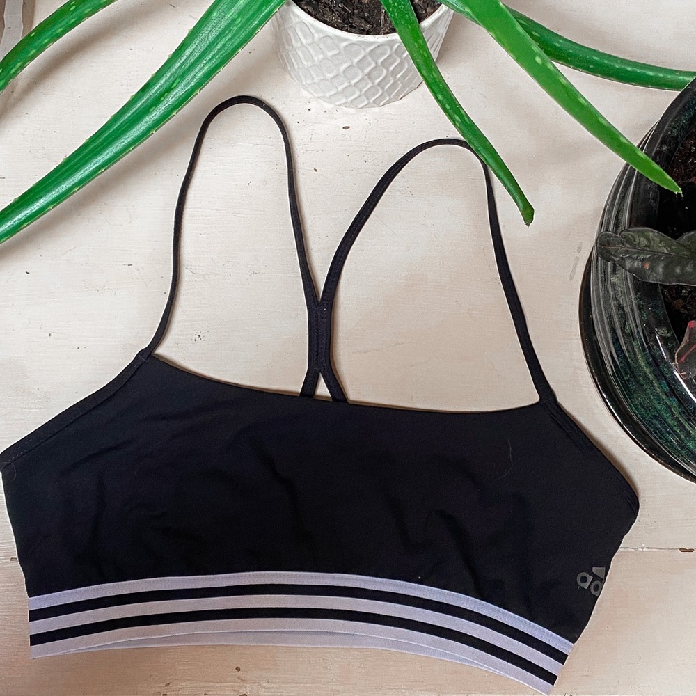 Adidas black sports bra with white striped band size small